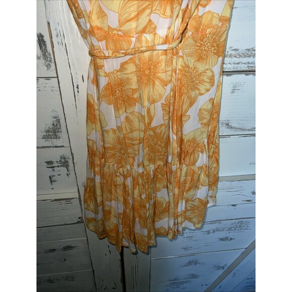 XIX Palms Madagascar Floral Party Mini Wrap Ruffle Tropical Dress M Orange White - Picture 10 of 12